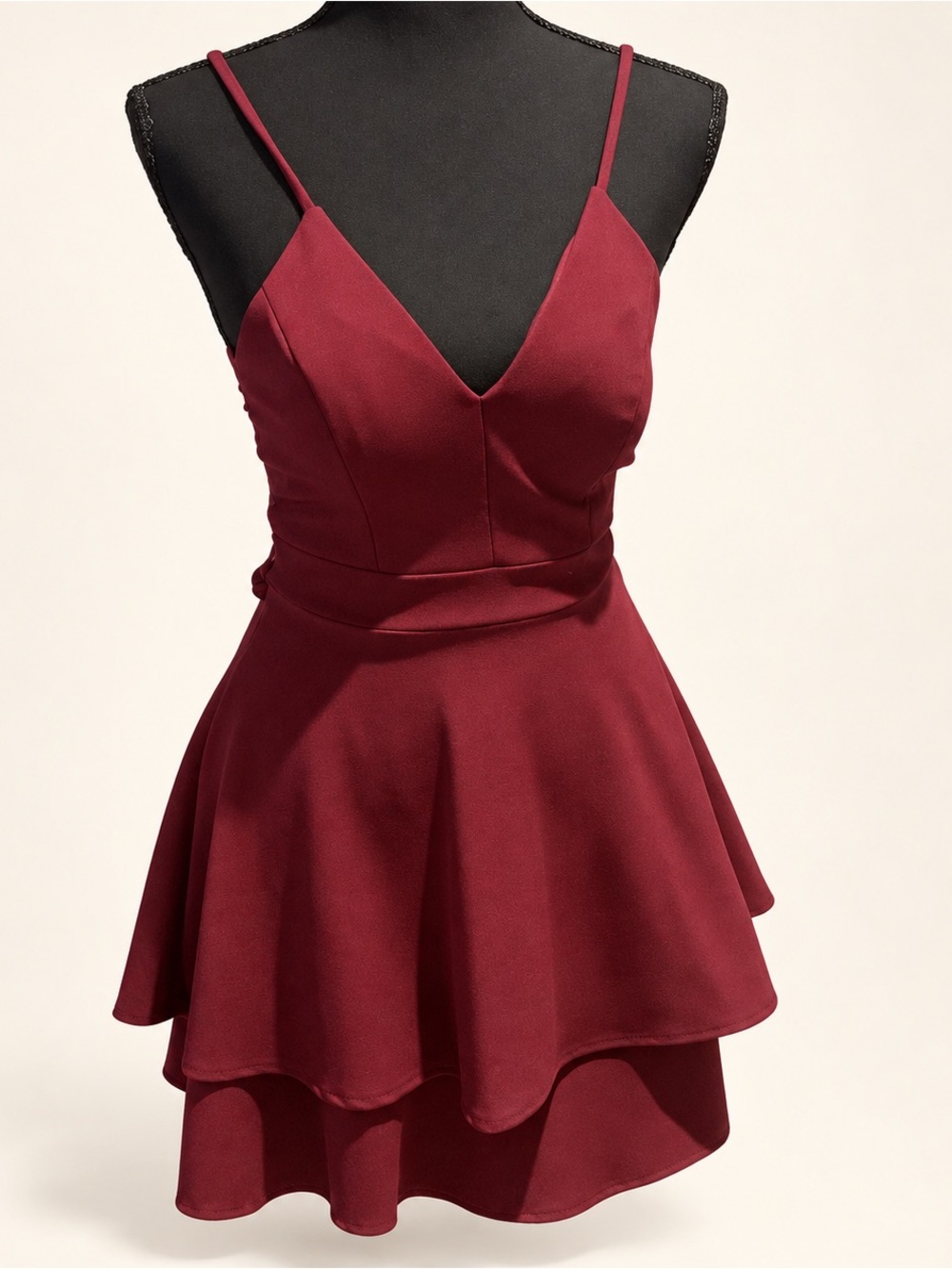 B Darlin Wine Red V-Neck Tiered Spaghetti Strap Mini Dress